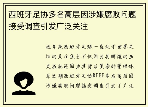 西班牙足协多名高层因涉嫌腐败问题接受调查引发广泛关注